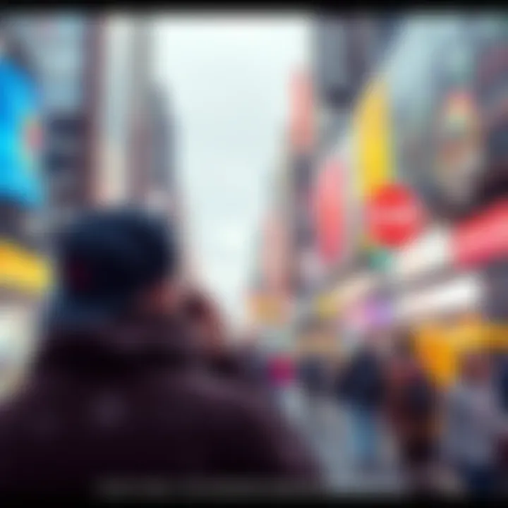 A person observing various signs in a busy urban environment, contemplating their meanings and impact on daily decisions.