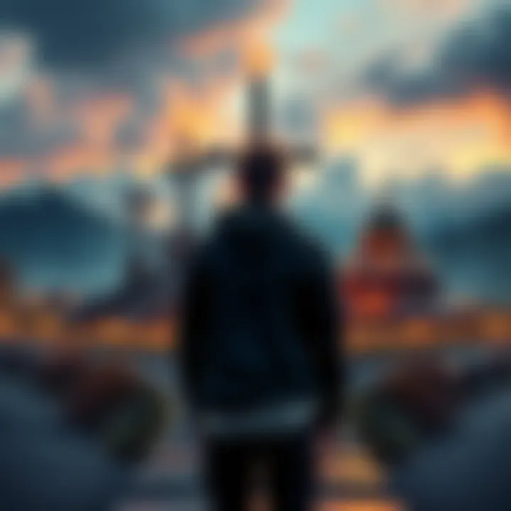 A person standing at a crossroads, holding a candle with symbols of Christianity and paganism in the background, reflecting on their spiritual journey.
