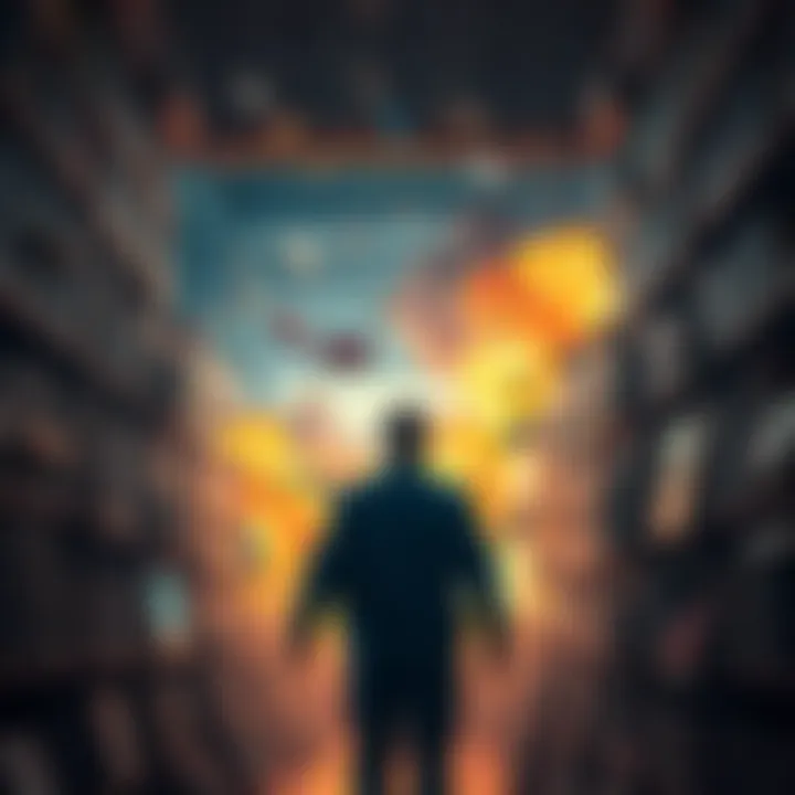 Explosions in a Library A man surrounded by chaos as books and debris fly around him in a library during an explosion