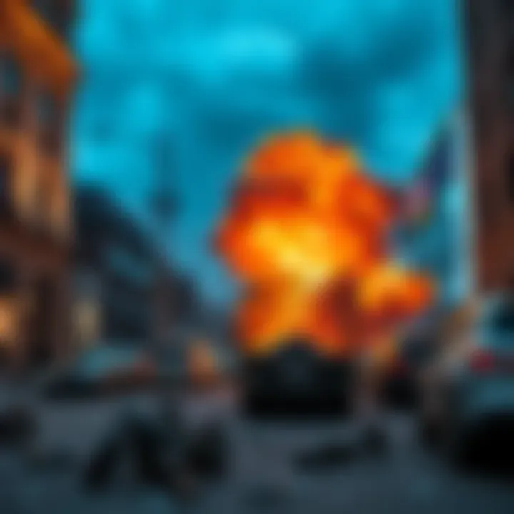 An explosion in a city setting with debris scattered, hinting at a security incident.