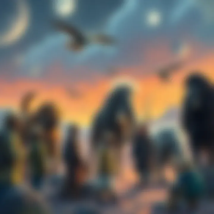 Illustration showing various extinct animals like the dodo bird and woolly mammoth in a historical setting with explorers observing them.