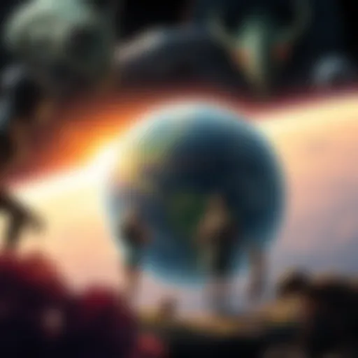 Illustration of Reptilians, Insectoids, and Nordics observing Earth from a spaceship, with a view of diverse life forms below.