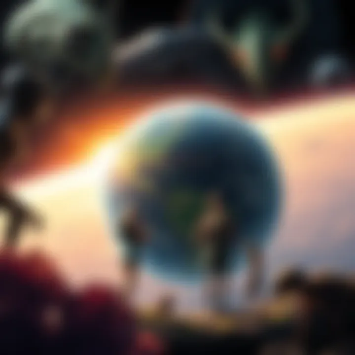 Illustration of Reptilians, Insectoids, and Nordics observing Earth from a spaceship, with a view of diverse life forms below.