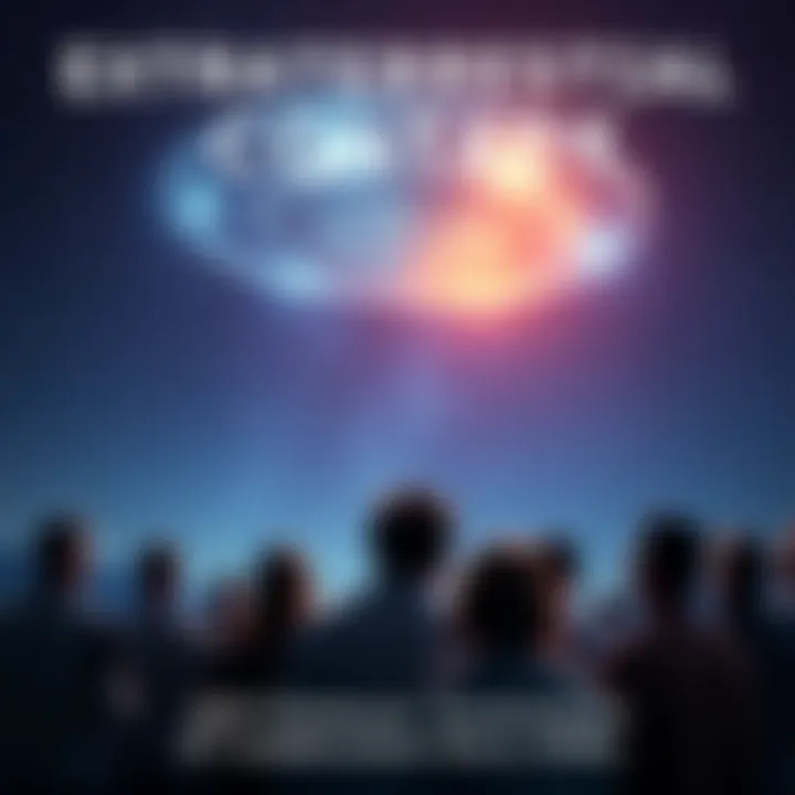 A group of people gazes up at an unidentified flying object in the night sky, witnessing a moment of open contact with extraterrestrials.