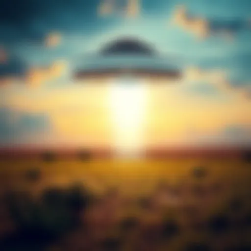 An artist's depiction of a UFO landing in a field with a bright light shining down, symbolizing first contact with extraterrestrials.