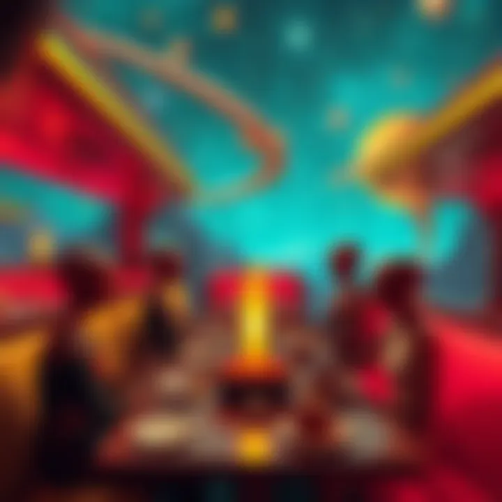 A vibrant alien restaurant with unusual food items and colorful decor, featuring beings from different planets enjoying their meals under a unique starry sky.