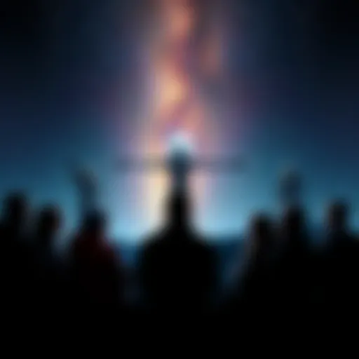 A group of people gathered, debating the existence of extraterrestrial life, with a starry night sky in the background.