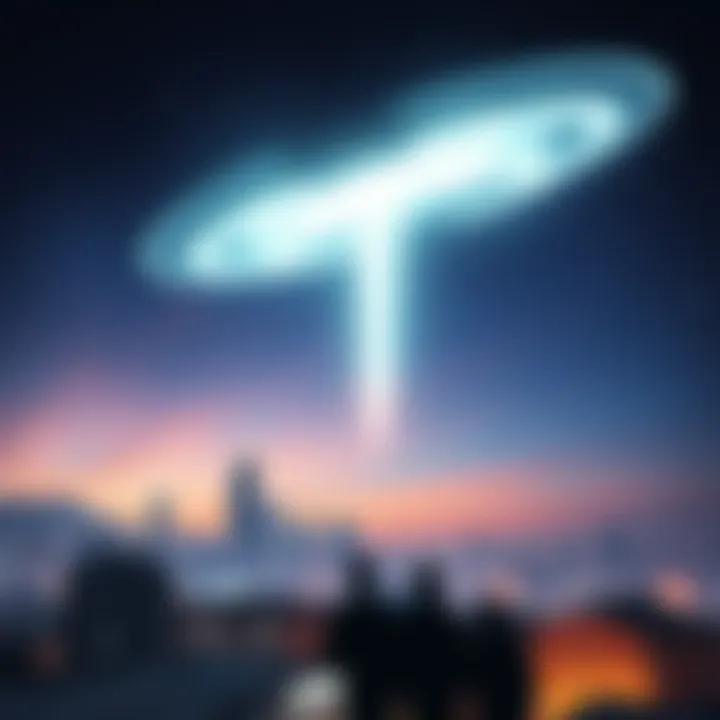 A glowing communication symbol in the night sky above a city, with people looking up in awe and curiosity.