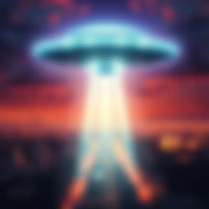 An artistic depiction of a bright UFO hovering above a cityscape, symbolizing hope and intervention from aliens.