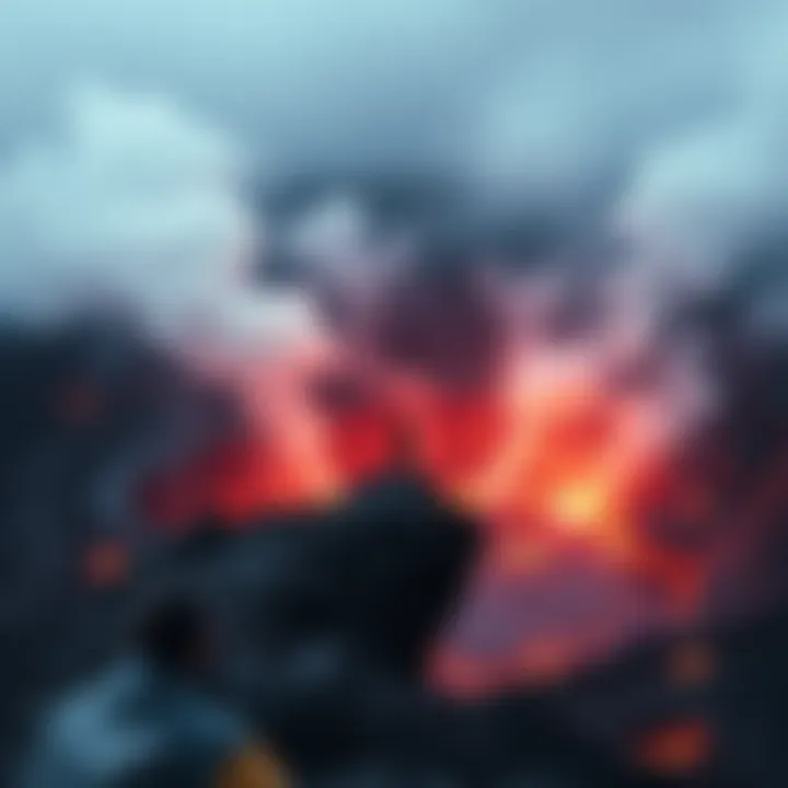 A person standing at the edge of a volcanic crater, looking down at the bubbling lava, with smoke and steam rising around them.