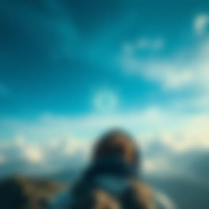 A traveler looks up at a sky with the Eye of Providence and sacred geometric shapes appearing among the clouds.