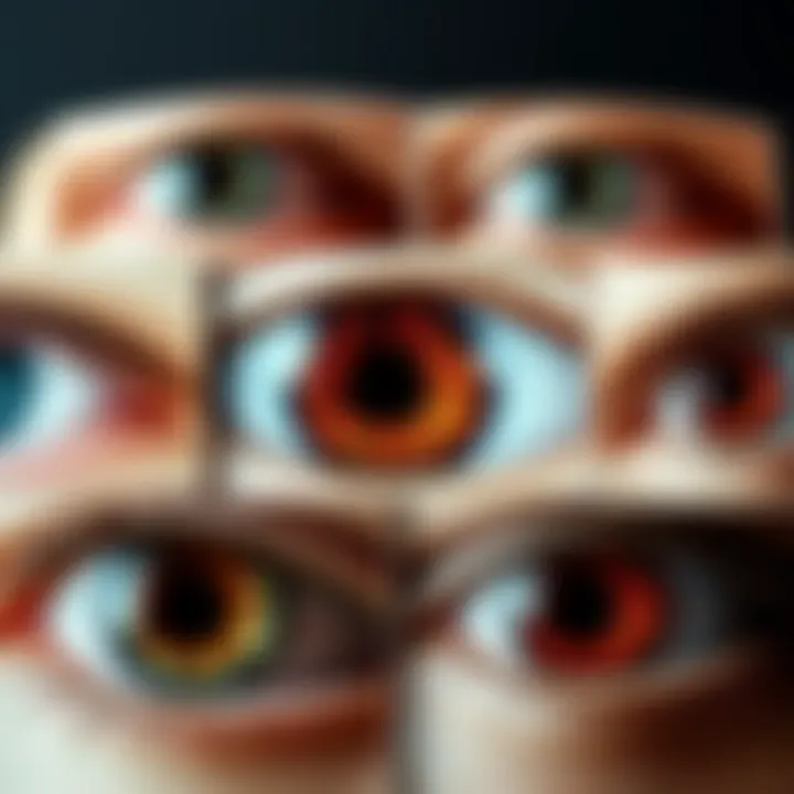 Close-up of photographs showing unusual eye patterns and shapes in different backgrounds