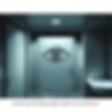 A drawn eye sigil on a bathroom stall, symbolizing surveillance and attention.