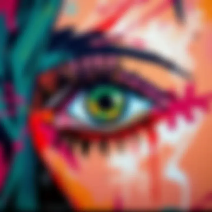 A close-up of the eye symbol depicted in vibrant colors on a canvas, showcasing its modern interpretation in pop culture.