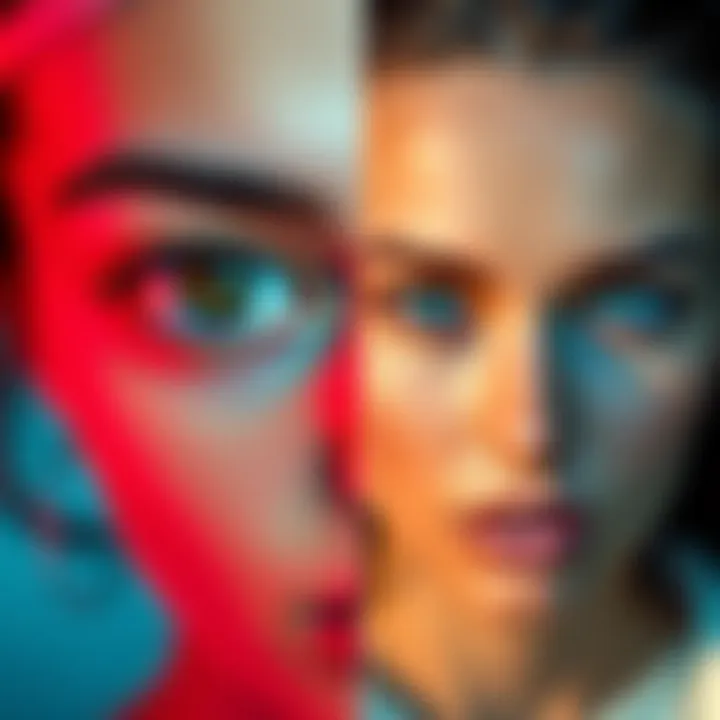 A side-by-side comparison showing the transformation of eye color and skin tone with cosmetic techniques. The left side shows the original appearance, and the right side displays the enhanced look after several months of treatment.