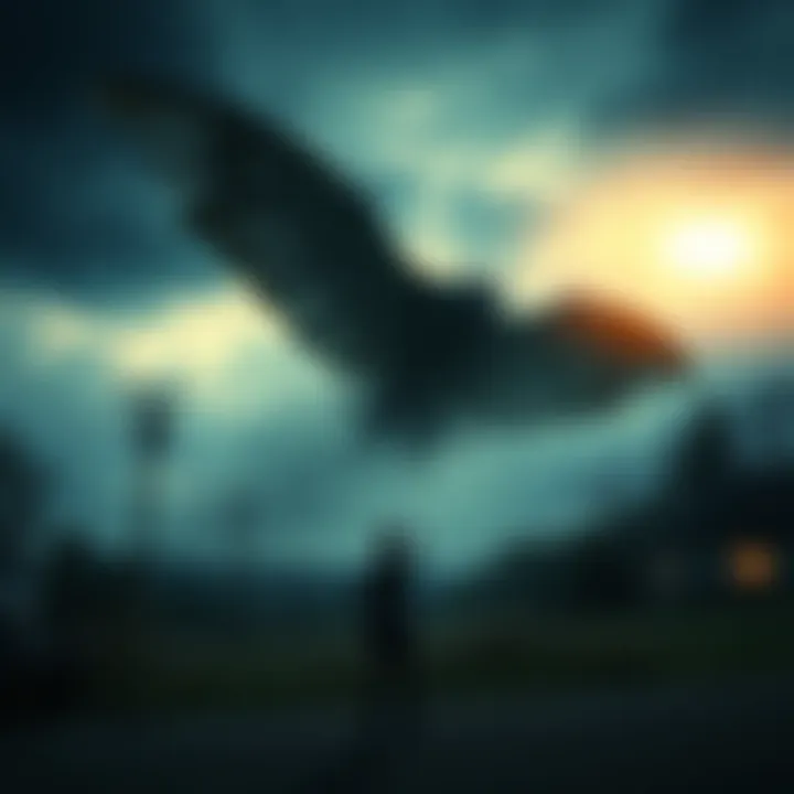 A person stands in a dark area pointing to the sky where a large creature resembling Mothman has been seen flying silently with a wide wingspan.