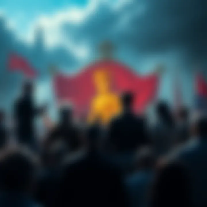 A group of people discussing the Fabian Society's influence on society, with symbols of social change in the background.