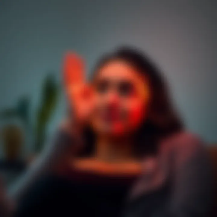 A person sitting comfortably during a face and aura reading session, with a soft light illuminating their features, showing a relaxed expression while a professional gestures calmly nearby.