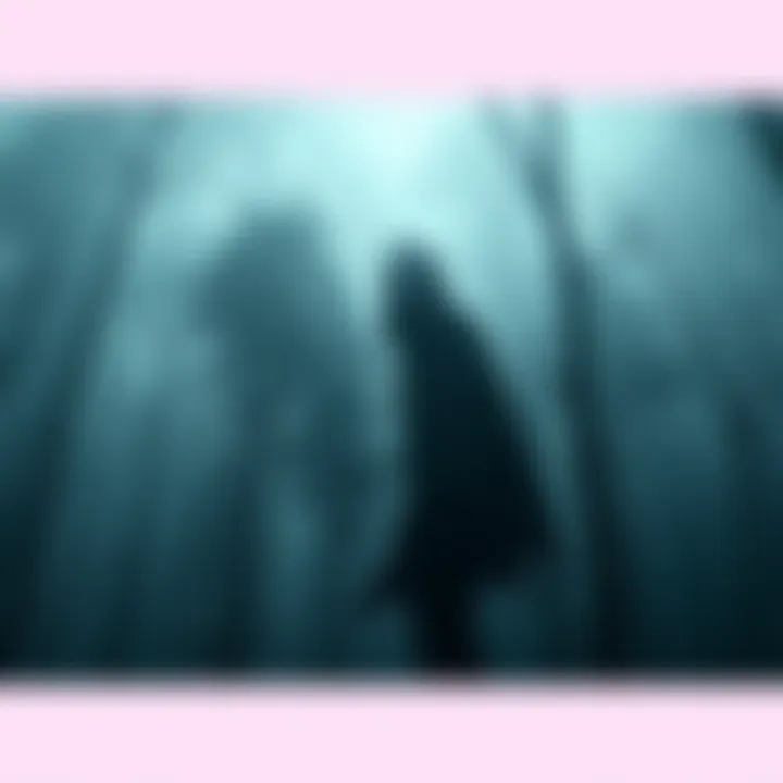 A pale, faceless figure stands among dark trees in a foggy forest, evoking fear.