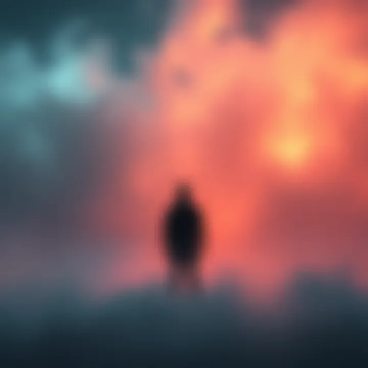 A silhouette of a faceless person standing in a dreamlike setting, surrounded by soft, swirling colors that evoke a sense of mystery and intrigue.