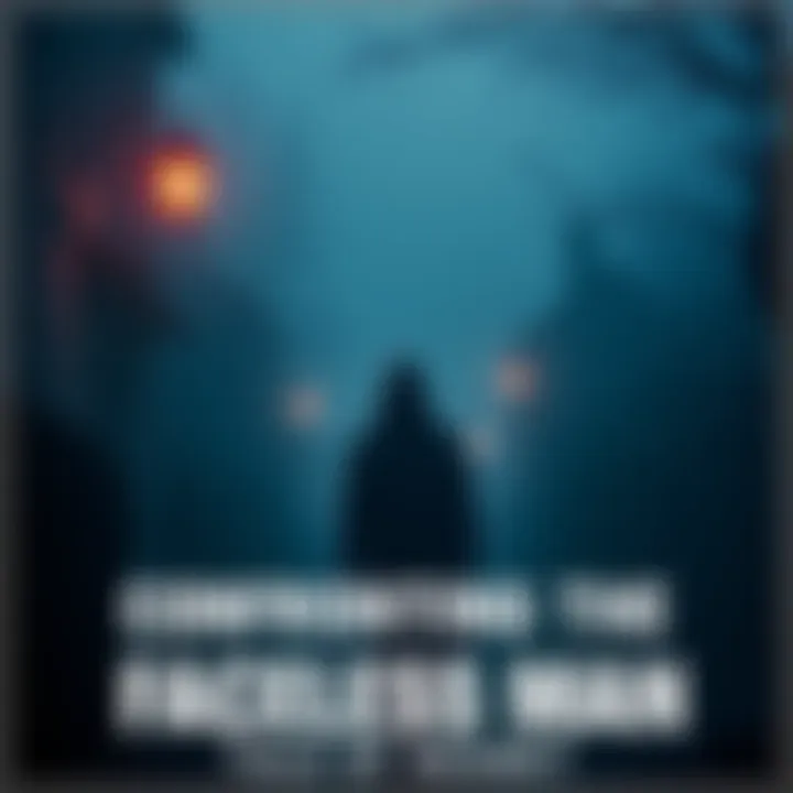 A shadowy figure of a man without visible features stands in a darkened village street, surrounded by fog and eerie trees, conveying a sense of unease and superstition.