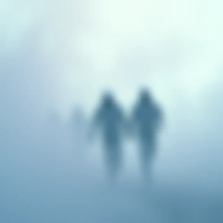 A depiction of white, floating figures without faces or limbs in a misty atmosphere.