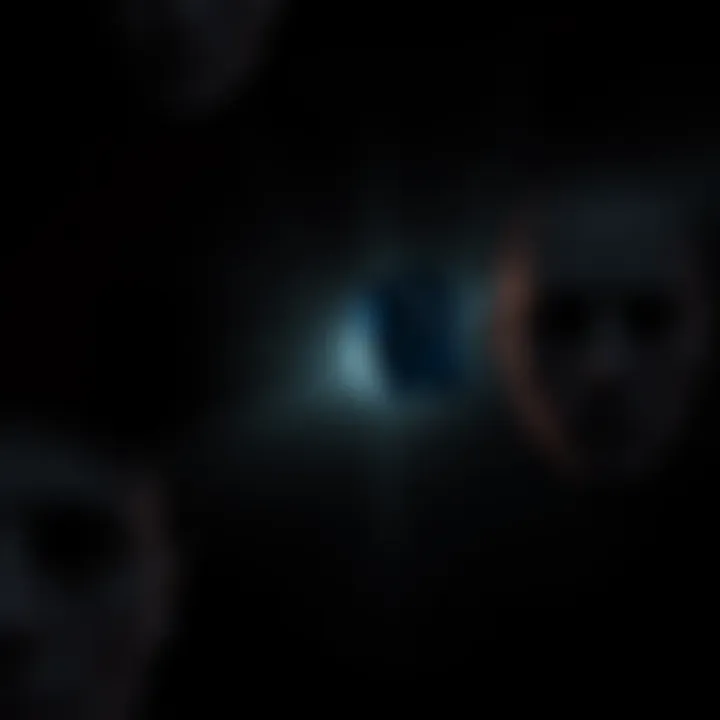 A dark scene showing abstract faces and patterns appearing, symbolizing visions experienced while trying to sleep.