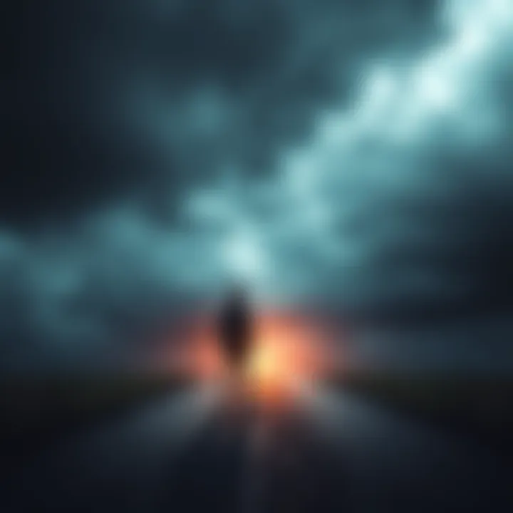 A person stands at a crossroads, contemplating life and death, with a dark sky above and a faint light in the distance, symbolizing hope amid conflict.