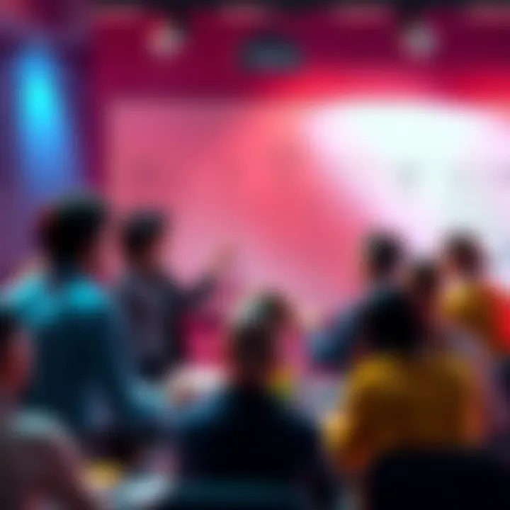 A vibrant discussion scene with people engaged in a debate, sharing facts on a whiteboard.