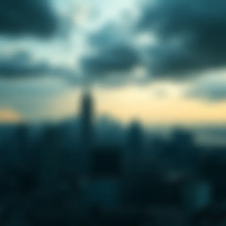 A city skyline under dark clouds, showing signs of neglect and decay, symbolizing the world's challenges.