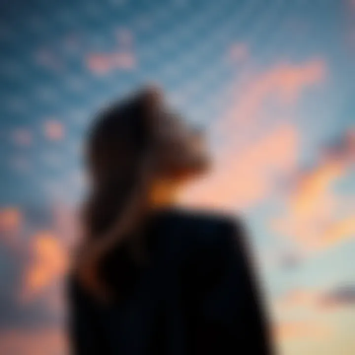 A woman looking up at a sky with a faint grid pattern disappearing, symbolizing the transition of souls.
