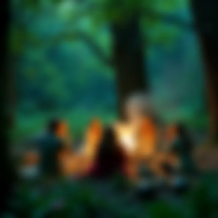 A group of people performing a Spring Equinox ritual with offerings to Fae-Folk in a lush woodland setting, surrounded by greenery and flowers.
