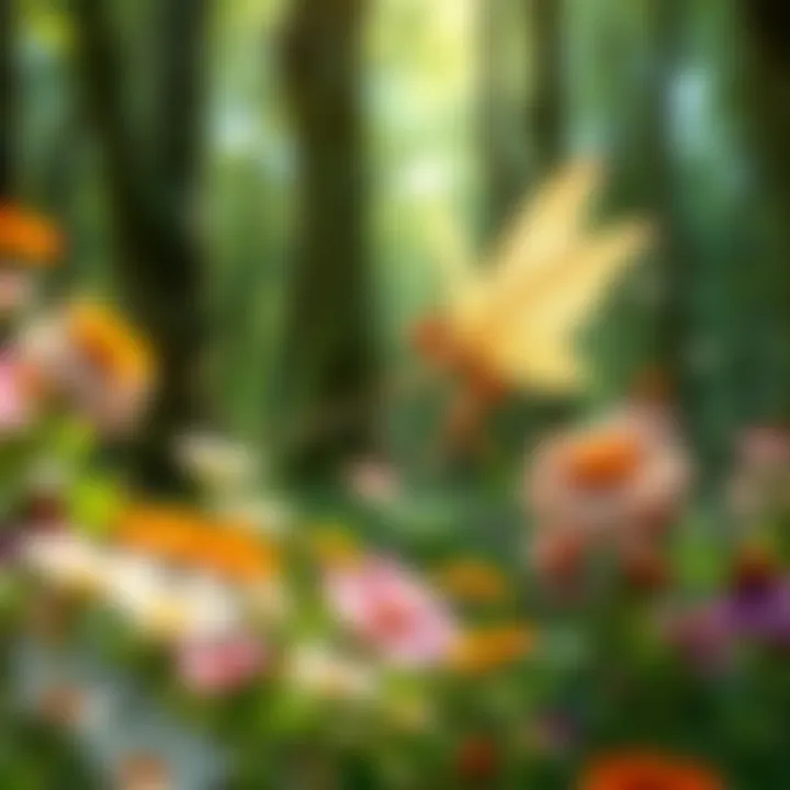 A whimsical fairy flying among colorful flowers in a lush green forest.