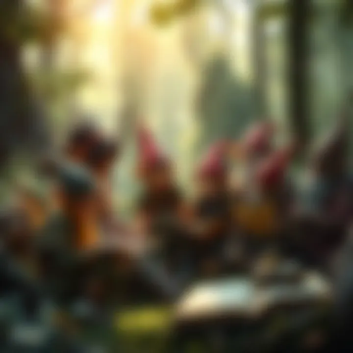 A group of whimsical fae beings including elves, gnomes, and goblins in a lush forest setting, sharing stories with each other.
