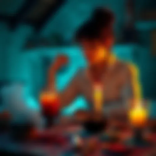 A person sitting at a table with a burnt candle and spell materials, looking thoughtful
