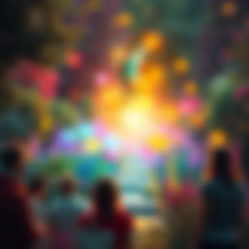 A whimsical scene with a fairy hovering above colorful auras in a garden, surrounded by curious people contemplating their beliefs.