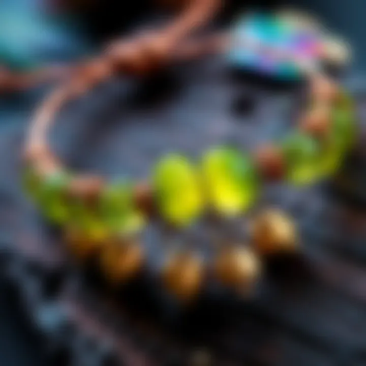A close-up of a crafted fairy bracelet featuring peridot stones and tiny bells on a waxed cord, showcasing vibrant colors and charm.