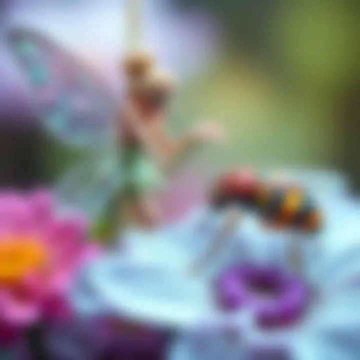 A fairy sitting on a flower next to a colorful bug, highlighting their differences.