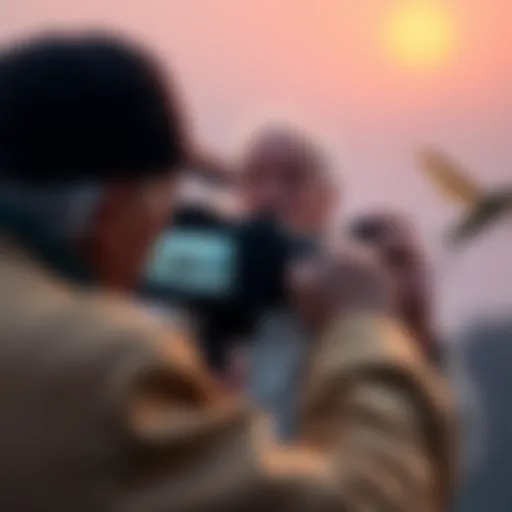 An elderly person capturing footage of a strange creature peeking over a ledge