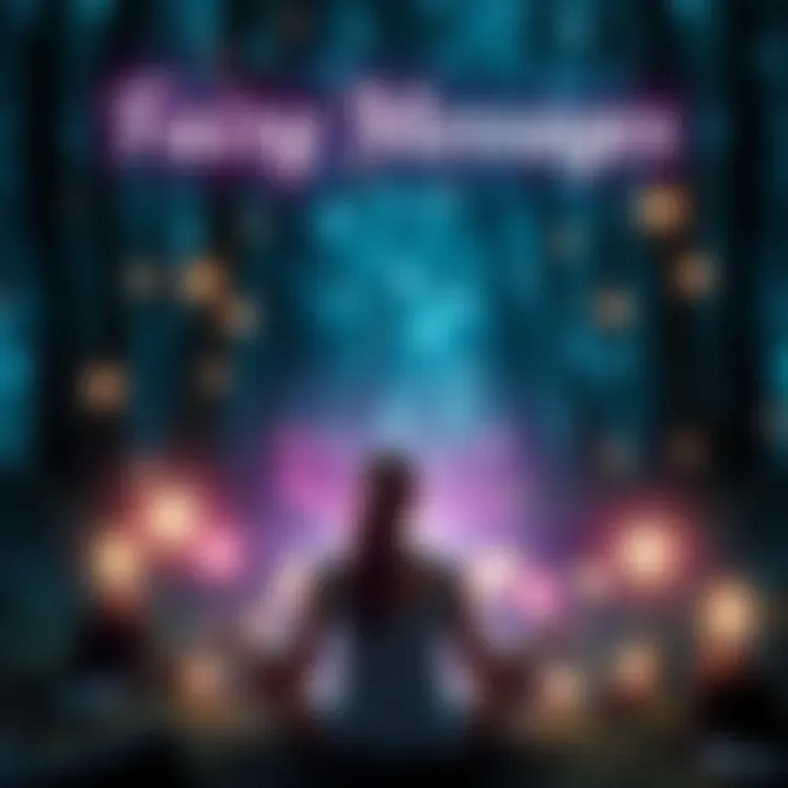 A serene forest scene with glowing fairy lights and a person meditating, while holding fairy oracle cards.
