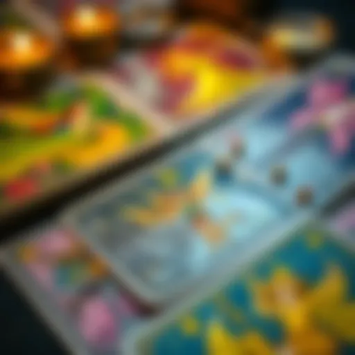 A close-up of a fairy-themed tarot card deck with colorful illustrations, inviting people to ask questions for one-card readings.