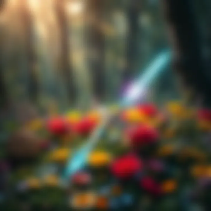 A magical fairy sword resting on a bed of colorful flowers in an enchanted forest setting.