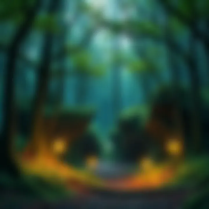 A magical forest scene with enchanting trees and hidden caverns, illustrating spaces of transformation in myths and fairy tales.