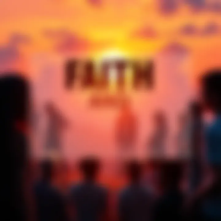 A diverse group of people in discussion, contemplating faith and action, with a backdrop of a sunset symbolizing hope and change.