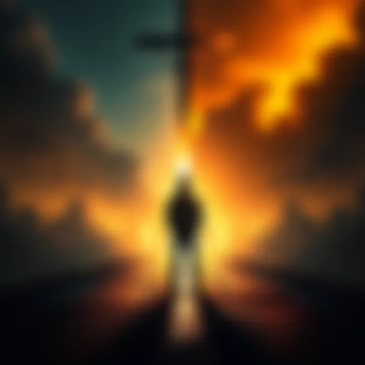 Faith and Doubt A person standing at the crossroads, looking at a bright light on one side and dark shadows on the other, symbolizing faith and betrayal