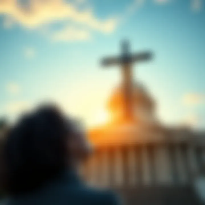 A person looking up towards a cross in the sky, symbolizing faith, with a government building in the background, illustrating the contrast between divine and political guidance.