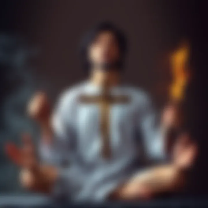A person meditating with a cross in one hand and a magic wand in the other, symbolizing the blend of Christianity and magickal practices.