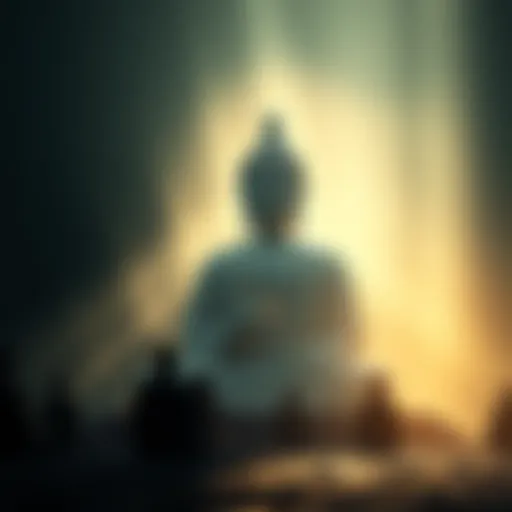 A serene figure of Amida Buddha surrounded by soft light, symbolizing peace and faith, with people meditating nearby.