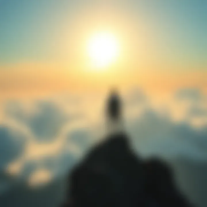 A person standing on a mountain peak, looking towards a bright, sunny sky filled with clouds, symbolizing hope and faith over doubts.