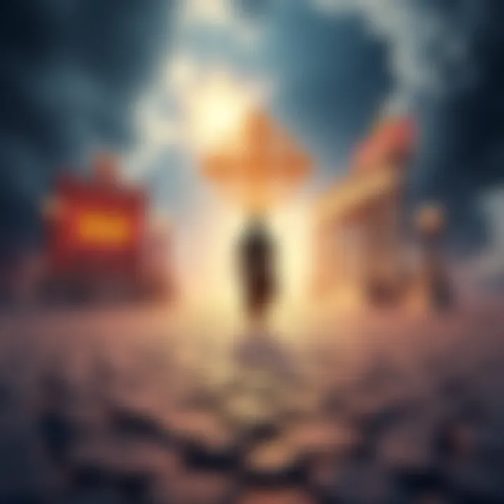 A person standing at a crossroads, representing the journey from Hinduism to Hellenism, surrounded by symbols of both faiths.